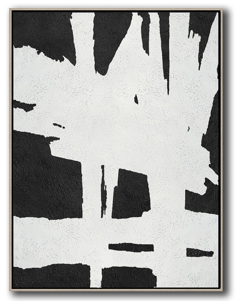 Hand-Painted Black And White Minimal Painting On Canvas - Modern Wall Art Bathroom Extra Large